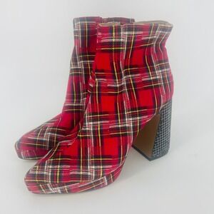 Betsey Johnson Blanche Red Plaid Rhinestone Block Heel Ankle Boots Size 8